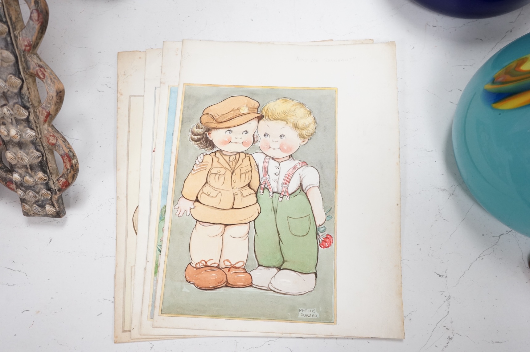 Phyllis Purser (1893-1990), a set of four original watercolours for children's postcard designs, WWII interest to include Kiss me Sergeant?’ And ‘Sailors Don’t Care’, each signed, unframed, 32 x 25cm